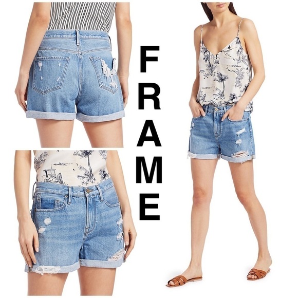 FRAME Denim Le Beau Shorts.  Distressed boyfriend shorts. Cuffed. Light denim - Picture 1 of 11
